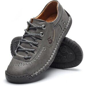 Alcubieree Men Grey Leather Casual Fashion Loafer Driving Rubber Sole Sneakers